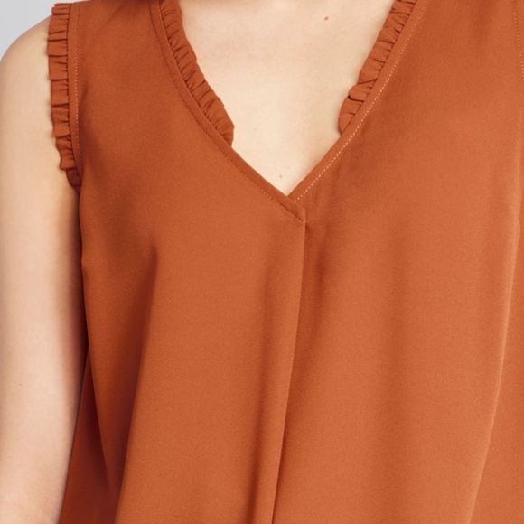 Modcloth V-Neck Ruffle Trim Top Rust Sienna Color Sleeveless Soft Pleat Drape - Picture 2 of 3